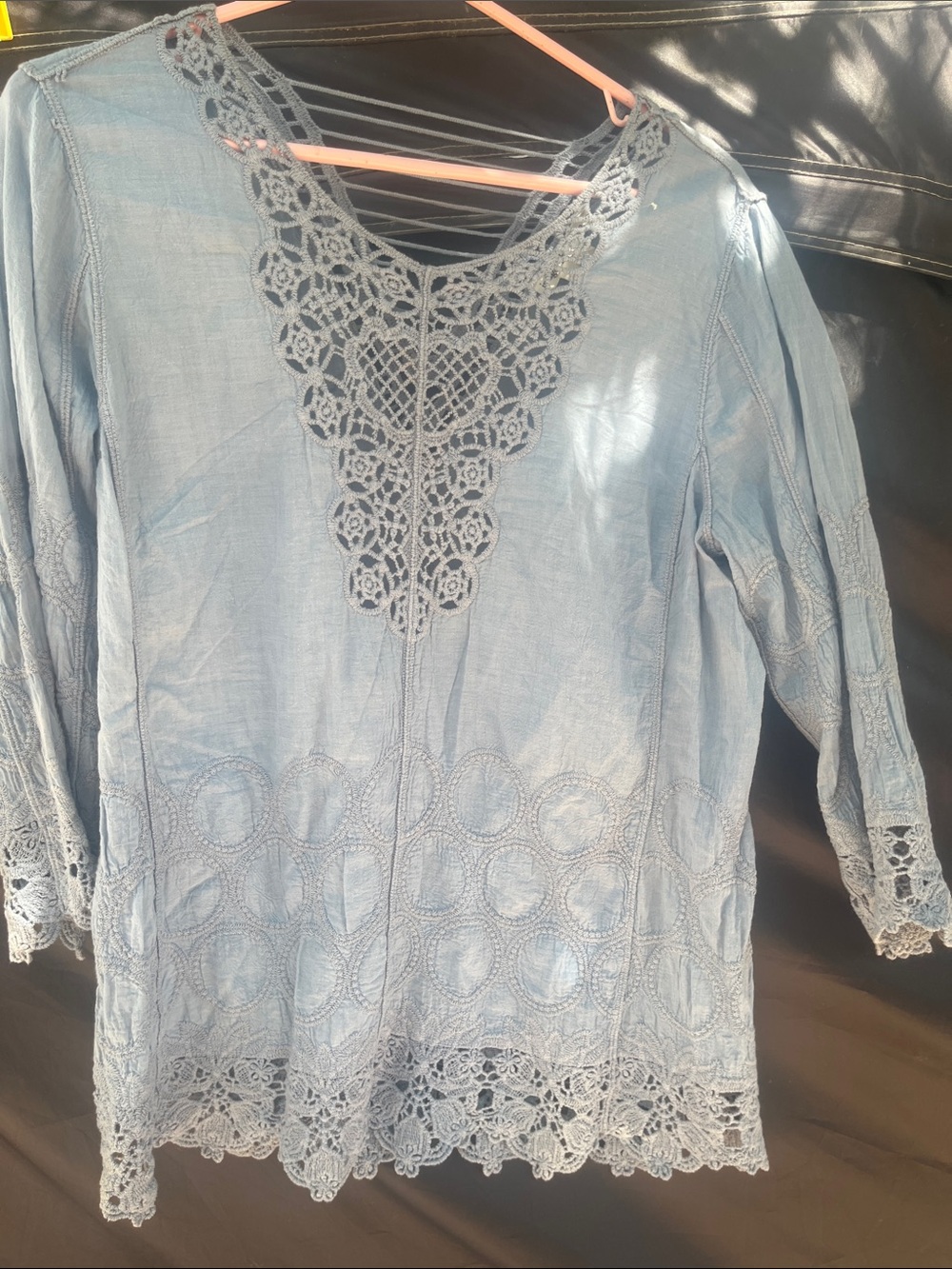 Light Blue Crochet-Trim Women’s Tunic Top - Feminine V-Neck
